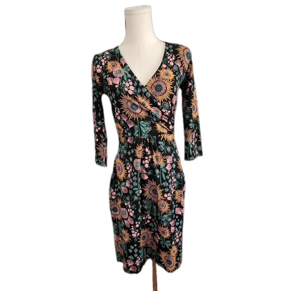 Mata Traders Organic Cotton Callie 3/4 Sleeve Wrap Knit Dress Black XS NWOT